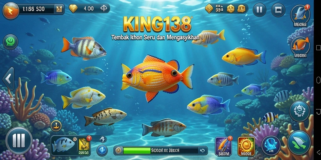 Tampilan gameplay KING138 saat menembak ikan berwarna-warni.