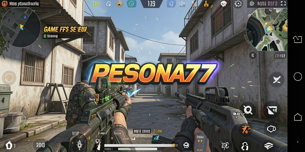 Tangkapan layar PESONA77 menampilkan aksi pertempuran di medan perang FPS.